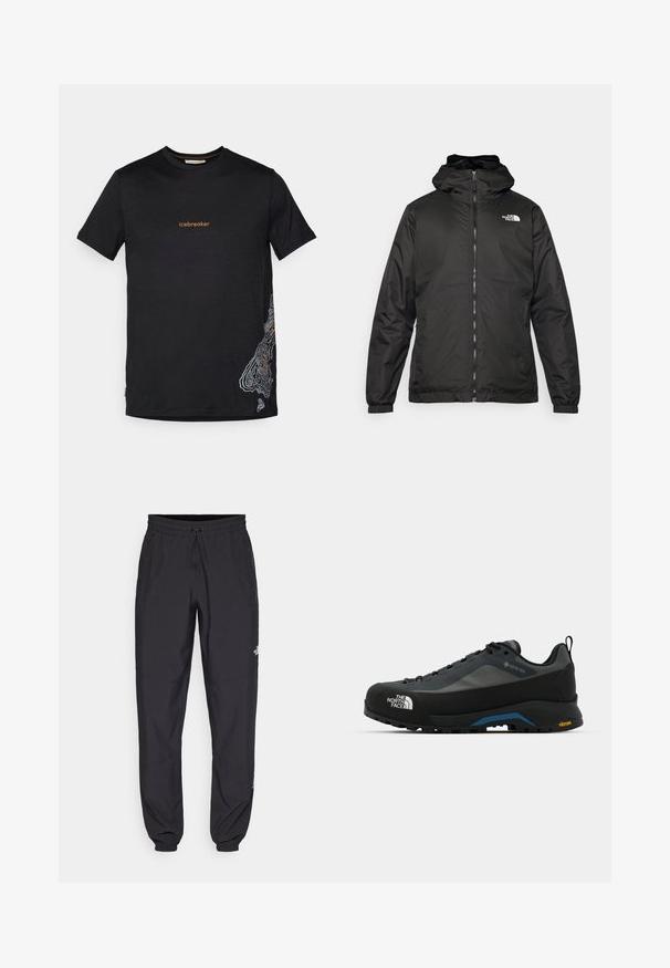 Svart The North Face hettegenser med frontglidelås, elastiske mansjetter, og logo på øvre venstre bryst mot en hvit bakgrunn.; Svart t-skjorte med korte ermer og teksten "icebreaker" i oransje på brystet, samt et hvitt topografisk kartdesign på nederste høyre side.; Sorte idrettsbukser laget av lett stoff, med snor i livet, sidelommer og smale mansjetter ved anklene.; The North Face VERTO ALPINE GORE TEX - Fjellsko - asphalt grey/tnf black