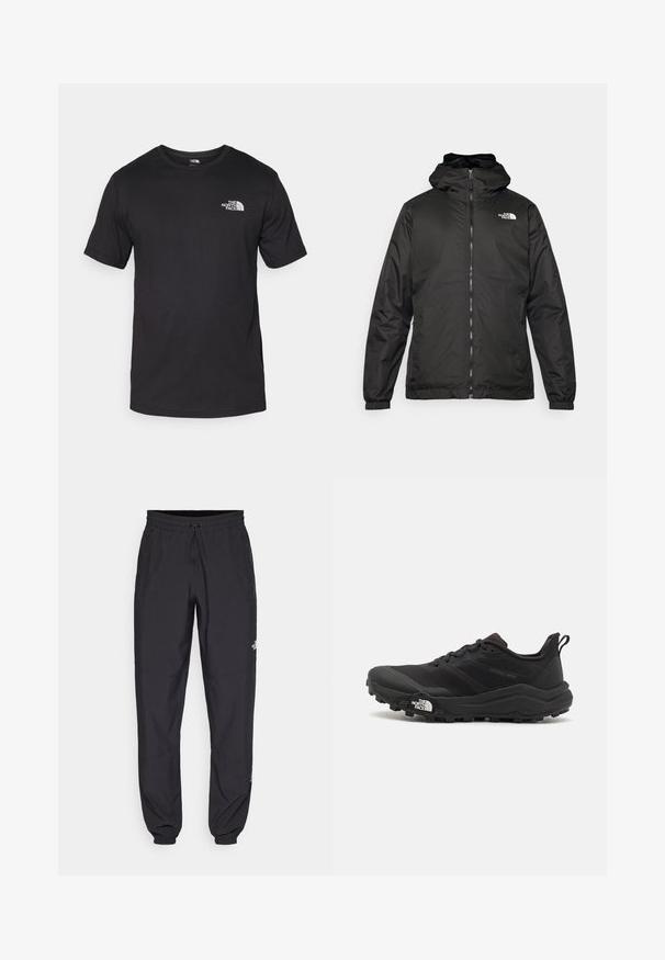 Sort The North Face hættejakke med frontlynlås, elastiske manchetter og logo på øverste venstre bryst mod en hvid baggrund.; Sort kortærmet t-shirt lavet af bomuld, med rund halsudskæring og et lille hvidt logo på den øverste venstre brystområde.; Sorte atletiske bukser lavet af letvægtsstof, med en snor i taljen, sidelommer og tapered manchetter ved anklerne.; Sort trail løbesko med en struktureret overdel, gummisål og forstærket tåhætte. Har en polstret krave og en pull-tab til nem påtagning.