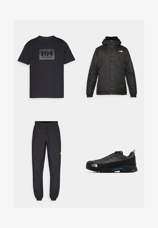 Black The North Face hooded jacket with front zipper, elastic cuffs, and logo on the upper left chest against a white background.; Black cotton t-shirt with short sleeves, featuring a rectangular gray logo in the center displaying "HH" and "HELLY HANSEN" beneath it.; Black athletic pants made from lightweight fabric, featuring a drawstring waistband, side pockets, and tapered cuffs at the ankles.; The North Face VERTO ALPINE GORE TEX - Hiking shoes - asphalt grey/tnf black