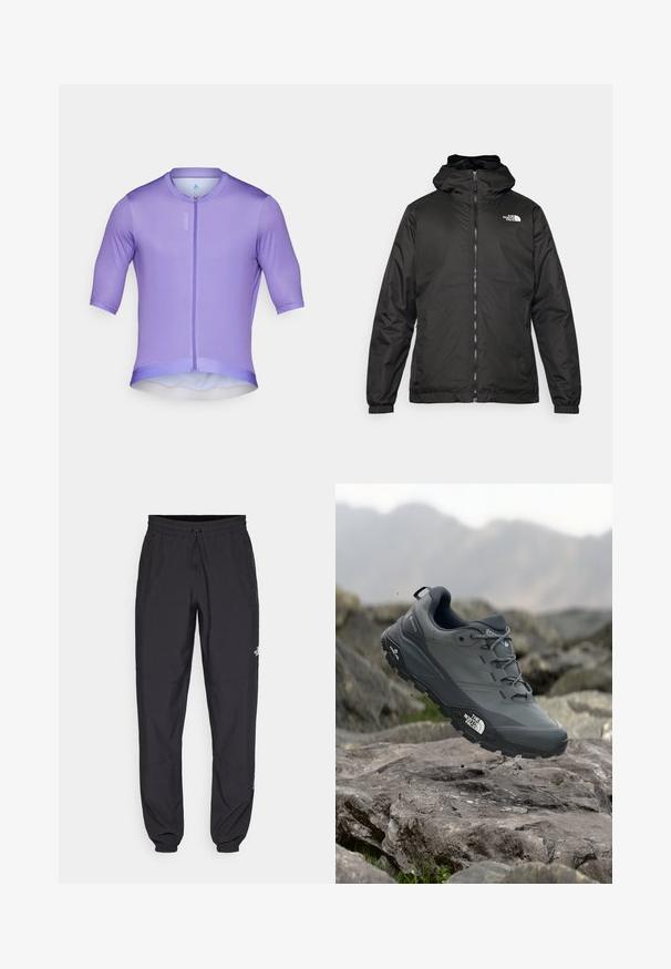 Crna jakna s kapuljačom The North Face s prednjim patentnim zatvaračem, elastičnim manžetama i logotipom na gornjem lijevom dijelu prsnog koša, na bijeloj pozadini.; Ljubičasta biciklistička majica kratkih rukava s prednjim patentnim zatvaračem, glatke teksture i prilagođenog kroja. Lagani materijal s zaobljenim rubom.; Crne sportske hlače od lagane tkanine, s pojasom na vezanje, bočnim džepovima i suženim manžetama na gležnjevima.; Sive trail trkačka cipela s teksturiranim gornjim dijelom, izdržljivom gumenom potplatom i ojačanim vrhom. Ima vezice i logotip branda sa strane.