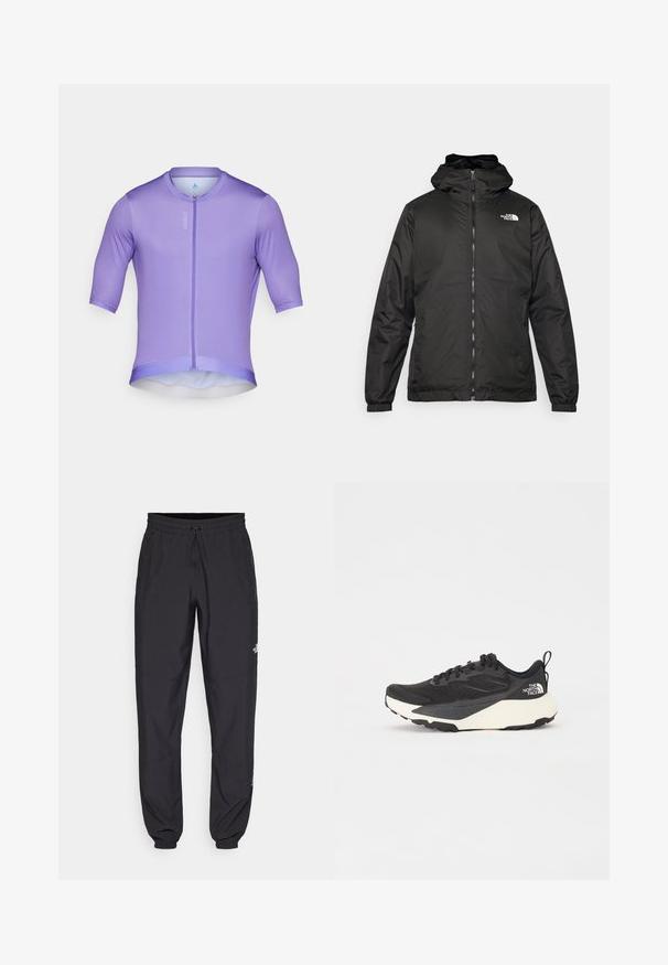 Čierna bundá s kapucňou The North Face s predným zipsom, elastickými manžetami a logom v ľavom hornom rohu hrude na bielom pozadí.; Fialová cyklistická dres s krátkym rukávom, ktorý má predný zips, hladkú textúru a priliehajúci strih. Ľahká tkanina s zaokrúhleným lemom.; Čierne športové nohavice vyrobené z ľahkej tkaniny, s elastickým pásom na šnurovanie, bočnými vreckami a zúženými manžetami na členkoch.; Čierna atletická obuv s textúrovaným sieťovinovým vrchom, pevným čiernym akcentom a bielou ľahkou podrážkou. Obsahuje šnurovací systém a pútko.