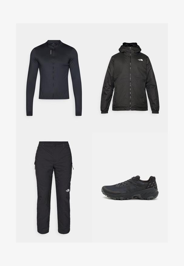 Črna kapuca jakna The North Face z sprednjim zadrgo, elastičnimi manšetami in logotipom na zgornjem levem prsnem delu na belem ozadju.; Kolesarska majica z dolgimi rokavi v črni barvi, z visokim ovratnikom, polnim zadrgo in lahkotno, zračnimi materiali. Gladka tekstura z minimalnim blagovnim znakom.; The North Face WINTER EXPLORATION TAPERED CARGO - Hlače za na prostem - black; Črne trail tekaške čevlje z zgornjim delom iz teksturirane mreže in gumijastim podplatom; vključujejo vezalke, oblazinjen ovratnik in podrobnosti z logotipom.