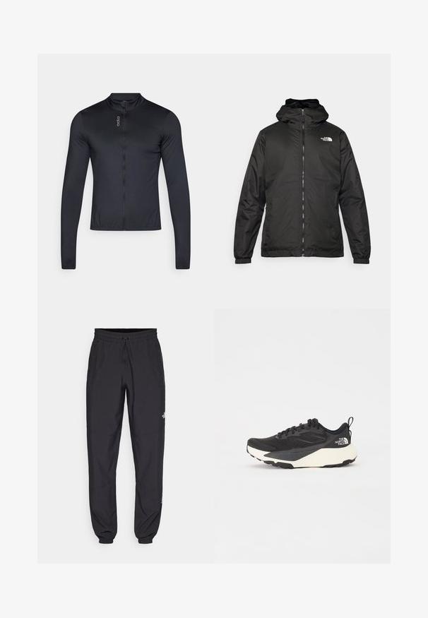 Chaqueta con capucha de The North Face en negro, con cremallera frontal, puños elásticos y logo en la parte superior izquierda del pecho, sobre un fondo blanco.; Jersey de ciclismo de manga larga en negro, con un collar alto, cremallera completa y tejido ligero y transpirable. Textura suave con un minimalismo en la marca.; Pantalones deportivos negros hechos de un tejido ligero, con una cinturilla ajustable, bolsillos laterales y puños ajustados en los tobillos.; Zapatilla deportiva negra con parte superior de malla texturizada, acentos en negro sólido y suela ligera blanca. Presenta cierre de cordones y tirador.