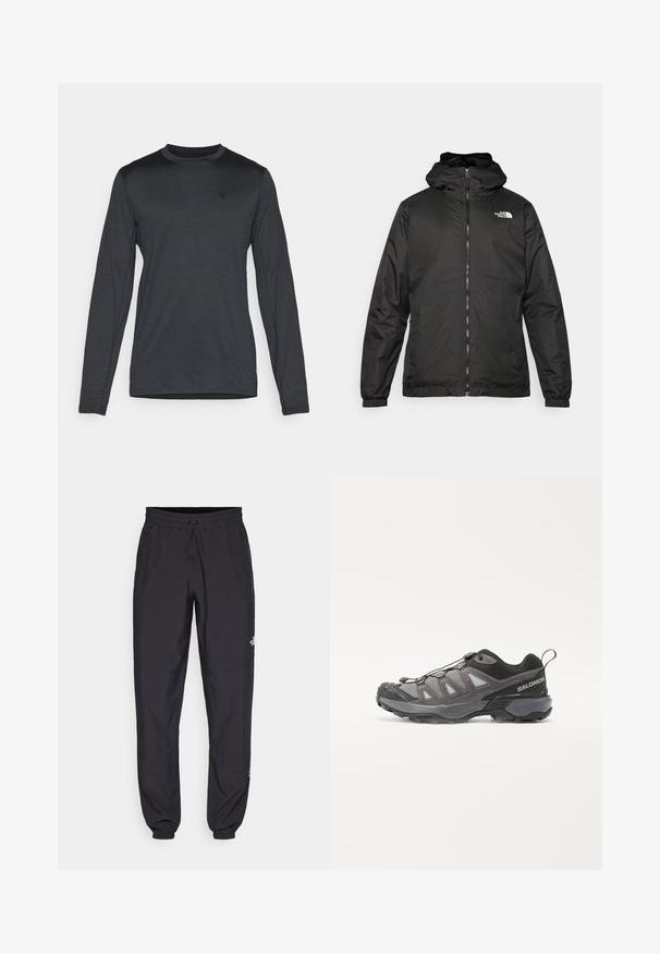 Jacket preta com capuz da The North Face, com fecho éclair na frente, punhos elásticos e logotipo no canto superior esquerdo do peito, em fundo branco.; Camisa de mangas longas em tecido cinza escuro, com decote redondo e detalhe de logótipo discreto. Textura suave com um corte ajustado.; Calças atléticas pretas feitas de tecido leve, com um cós ajustável por cordão, bolsos laterais e punhos afunilados nos tornozelos.; Sapatilha desportiva com um design aerodinâmico, parte superior em sintético cinza com painéis de malha, detalhes pretos e sola de borracha com tração pronunciada.