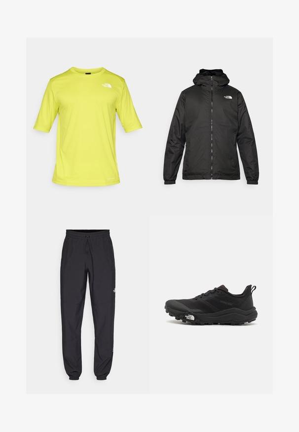 Jachetă cu glugă The North Face de culoare neagră, cu fermoar frontal, manșete elastice și logo pe partea superioară stângă a pieptului, pe un fundal alb.; Tricou cu mânecă scurtă de culoare galbenă strălucitoare, fabricat dintr-un material respirabil, cu un mic logo alb pe partea stângă a pieptului și un finisaj texturat.; Pantaloni atletici negri, confecționați dintr-un material ușor, cu un tiv elastic la talie, buzunare laterale și tivuri ajustate la gleznă.; Pantofii de alergare pe teren accidentat, de culoare neagră, cu un superior texturat, talpă din cauciuc și vârf întărit. Prezintă un guler căptușit și o bandă de prindere pentru îmbrăcare ușoară.