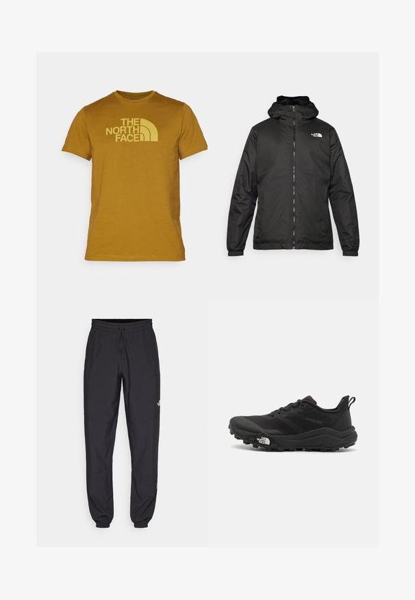 Chaqueta con capucha de The North Face en negro, con cremallera frontal, puños elásticos y logo en la parte superior izquierda del pecho, sobre un fondo blanco.; Camiseta amarilla mostaza de algodón, con mangas cortas y cuello redondo. Muestra el logo de "THE NORTH FACE" en un amarillo más claro.; Pantalones deportivos negros hechos de un tejido ligero, con una cinturilla ajustable, bolsillos laterales y puños ajustados en los tobillos.; Zapatilla de trail running negra con upper texturizado, suela de goma y puntera reforzada. Presenta un collar acolchado y una lengüeta para poner y quitar fácilmente.