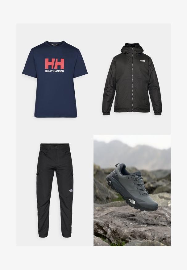 Chaqueta con capucha de The North Face en negro, con cremallera frontal, puños elásticos y logo en la parte superior izquierda del pecho, sobre un fondo blanco.; Camiseta de algodón de color azul marino con mangas cortas, que presenta un destacado logo en rojo y blanco con las letras "HH" y el texto "HELLY HANSEN" debajo del logo.; The North Face HORIZON PANT - Pantalones montañeros largos - black; Zapatilla de trail running gris con parte superior texturizada, suela de goma duradera y puntera reforzada. Cuenta con cordones y logo de la marca en el lateral.