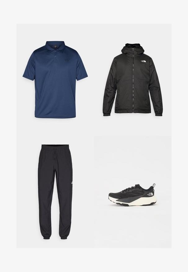 Jachetă cu glugă The North Face de culoare neagră, cu fermoar frontal, manșete elastice și logo pe partea superioară stângă a pieptului, pe un fundal alb.; Tricou polo de culoare albastru marin, fabricat dintr-un material neted și respirabil. Are un guler clasic, trei butoane și un mic logo pe partea stângă a pieptului.; Pantaloni atletici negri, confecționați dintr-un material ușor, cu un tiv elastic la talie, buzunare laterale și tivuri ajustate la gleznă.; Shoe sportiv negru cu superior din plasă texturată, accente negre solide și talpă ușoară albă. Dispune de închidere cu șireturi și mâner de prindere.