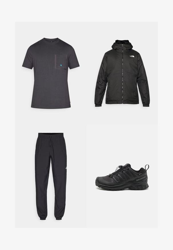 Čierna bundá s kapucňou The North Face s predným zipsom, elastickými manžetami a logom v ľavom hornom rohu hrude na bielom pozadí.; Tmavošedé tričko s okrúhlym výstrihom vyrobené z mäkkej tkaniny, s náprsním vreckom obšitým tmavšou šedou a malým modrým logom na vrecku.; Čierne športové nohavice vyrobené z ľahkej tkaniny, s elastickým pásom na šnurovanie, bočnými vreckami a zúženými manžetami na členkoch.; Čierna športová obuv so štruktúrovaným syntetickým zvrškom, polstrovanou podrážkou a rýchlozaviazaním. Obsahuje zosilnenú špičku a pätu.