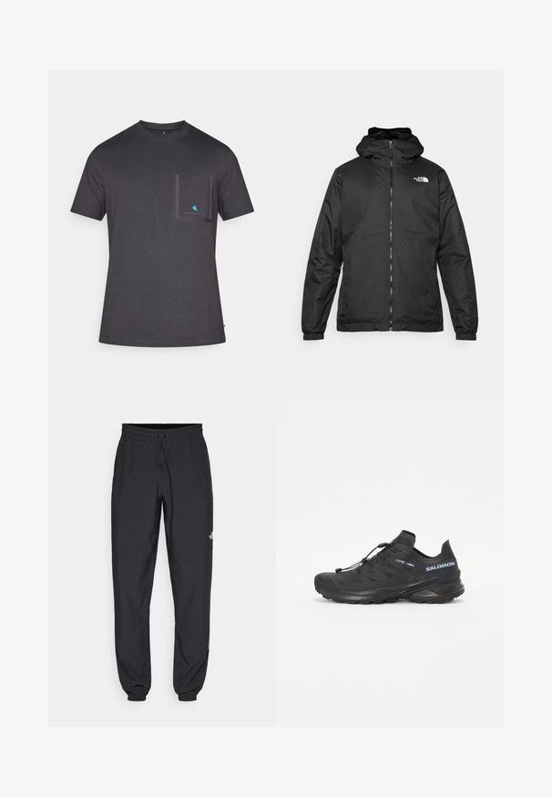 Zwarte The North Face hoodie met ritssluiting aan de voorkant, elastische manchetten en logo op de bovenste linkerborst tegen een witte achtergrond.; Donkergrijze crew neck t-shirt van zachte stof, met een borstzak afgezet in een donkerder grijs en een klein blauw logo op de zak.; Zwarte sportieve broek gemaakt van lichtgewicht stof, met een trekkoord in de taille, zijzakken en taps toelopende boorden bij de enkels.; Zwarte trailrunning-schoen met een gestructureerde bovenkant, elastische veters en Contagrip-buitenzool. Bevat een goede pasvorm en beschermende teenkap.