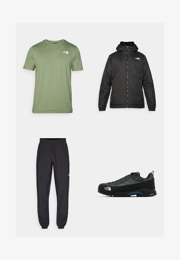 Juodas „The North Face“ striukė su gobtuvu, priekyje užtrauktuku, elastingomis rankogaliais ir logotipu viršutinėje kairėje krūtinės pusėje ant baltos fono.; Alyvuogių žalios spalvos trumpomis rankovėmis marškinėliai, pagaminti iš minkštos medžiagos. Sukurtas su apvalia iškirpte ir balta logo kairėje krūtinės pusėje. Lygi tekstūra visame paviršiuje.; Juodos sportinės kelnės, pagamintos iš lengvos medžiagos, su raišteliu liemens srityje, šoniniais kišenėmis ir siaurėjantys apykaklės prie kulkšnies.; The North Face VERTO ALPINE GORE TEX - Turistiniai batai - asphalt grey/tnf black