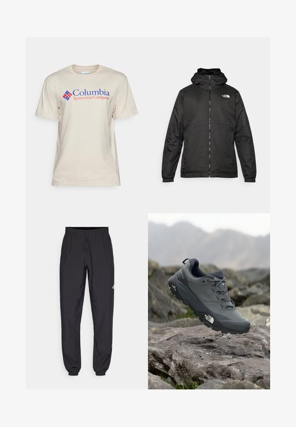 Črna kapuca jakna The North Face z sprednjim zadrgo, elastičnimi manšetami in logotipom na zgornjem levem prsnem delu na belem ozadju.; Columbia BASIC LOGO™ SHORT SLEEVE - Potiskana majica - dark stone; Črne atletske hlače iz lahkega materiala, ki imajo elastični pas z vezalko, stranske žepe in zožene manšete na gležnjih.; Sive teka za trail tek, z teksturirano zgornjimi deli, trpežnim gumijastim podplatom in ojačanim kapico za prste. Ima vezi in logotip blagovne znamke na strani.