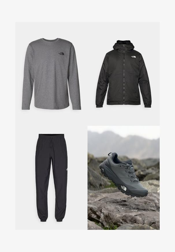 Jacket preta com capuz da The North Face, com fecho éclair na frente, punhos elásticos e logotipo no canto superior esquerdo do peito, em fundo branco.; The North Face M L/S SIMPLE DOME TEE - Camisola de manga comprida - medium grey heather; Calças atléticas pretas feitas de tecido leve, com um cós ajustável por cordão, bolsos laterais e punhos afunilados nos tornozelos.; Sapatilha de corrida em trilhos cinza com um cabedal texturizado, sola de borracha durável e ponteira reforçada. Apresenta atacadores e o logótipo da marca de lado.