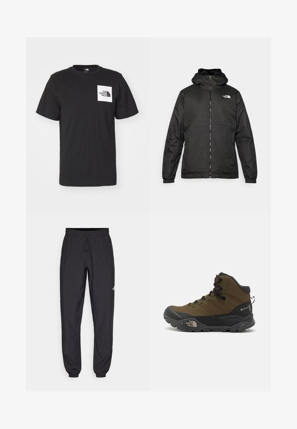 Jacket preta com capuz da The North Face, com fecho éclair na frente, punhos elásticos e logotipo no canto superior esquerdo do peito, em fundo branco.; T-shirt preta de algodão com mangas curtas, decote redondo, e um logótipo quadrado branco no peito com o texto "The North Face" e um design curvado.; Calças atléticas pretas feitas de tecido leve, com um cós ajustável por cordão, bolsos laterais e punhos afunilados nos tornozelos.; Botas de caminhada impermeáveis em verde oliva escuro e preto, com um cabedal texturizado, sola robusta e biqueira reforçada.