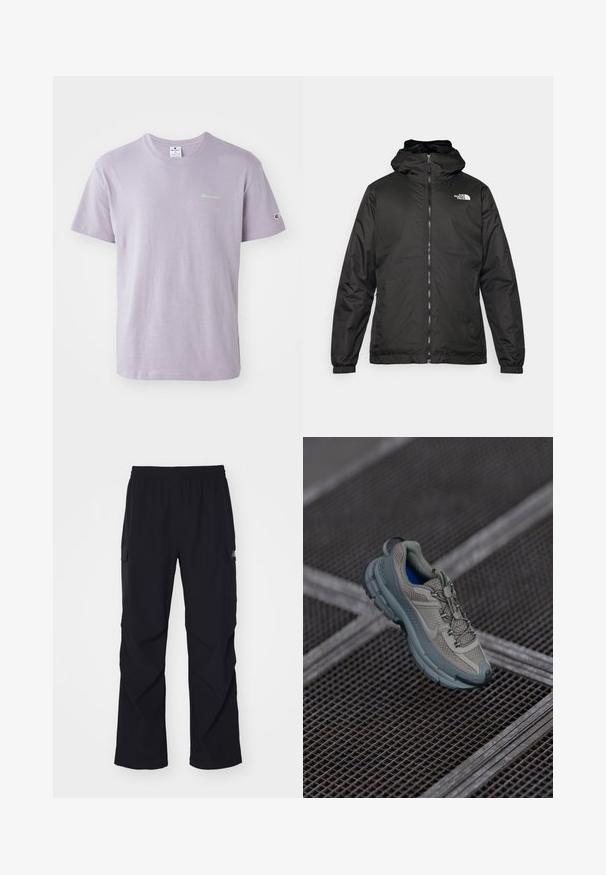 Must esine The North Face must kapuutsiga jakk, millel on esizipp, elastsed mansetid ja logo vasakul ülemisel rinnal valge tausta ees.; Heled lilla puuvillane T-särk, millel on ümmargune kaelus, lühikesed varrukad ja rinnal väike roheline logo koos logoga aksendiga varrukal.; Mustad mustad püksid, mis on valmistatud kergest materjalist, elastse vöökoha, küljetaskute ja sirge lõikega.; Beige ja hall sportlik king, millel on tekstuuriga võrkpealne, ümar nina ja kummist tald, varustatud paelte ja pehmendatud kraega.