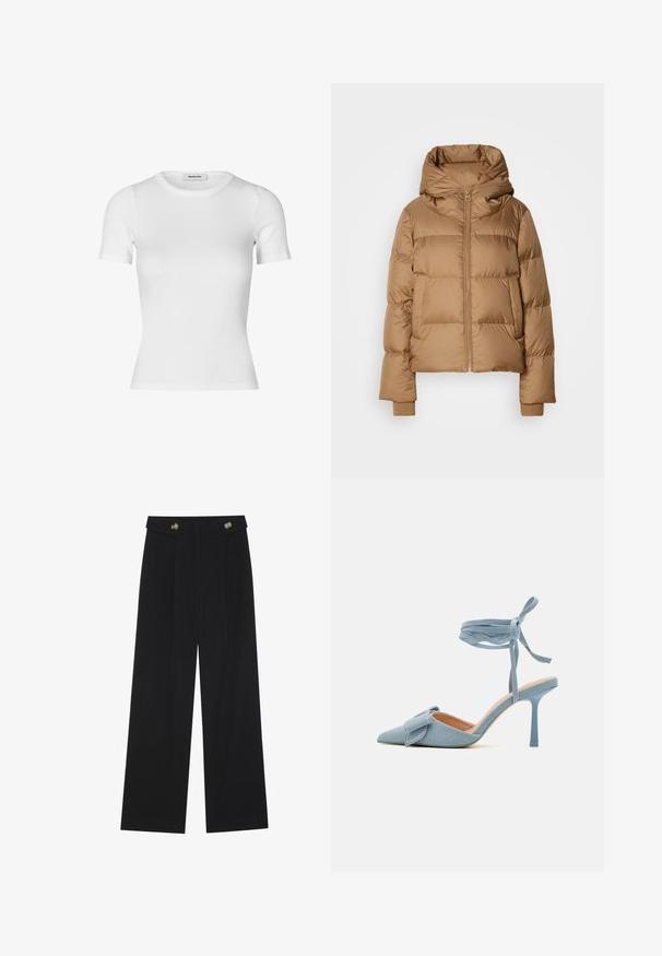 Brun vadderad vinterjacka med hög krage, framdragkedja, sidofickor och ribbstickade muddarna på ärmarna, uppställd mot en vit bakgrund.; Vit kortärmad t-shirt i ribbat bomullstyg. Fitted design med rundad halsringning och en slät textur. Ingen mönstring eller dekoration.; Svarta vida byxor med hög midja, knäppdetaljer i midjan och framfickor.; Spetsig tå högklackad sko i ljusblått tyg med texturerad yta, med en rosettaccent och ankelrem för säker passform.