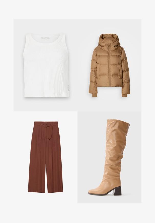 Brun polstret vinterjakke med høy krage, frontglidelås, sidelommer og ribbede mansjetter på ermene, vist på hvit bakgrunn.; Hvit ribbestrikket tanktopp med rund hals og ermeløs design, med rett falm og en liten merkeetikett på siden.; Bredde bukser i brunt stoff, med belte med firkantet spenne, plisserte design og myk tekstur.; Høy, beige lærstøvlett med løs skaft og blokkhel, skråspiss tå og mørk såle mot plain lys bakgrunn.