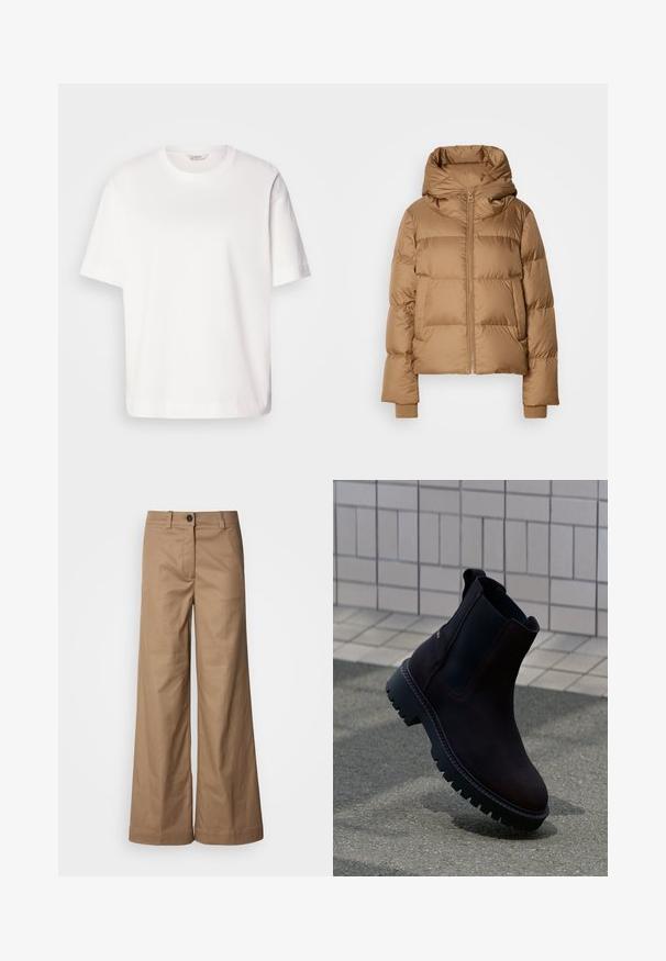 Hnedá zateplená zimná bunda s vysokým golierom, predným zipsom, bočnými vreckami a rebrovanými manžetami na rukávoch, vystavená na bielom pozadí.; Biela bavlnená tričko s krátkymi rukávmi, okrúhlym výstrihom, voľným strihom a hladkou textúrou; bez vzorov a viditeľného kovania.; Široké nohavice vyrobené z hladkej, béžovej látky. Majú predné zapínanie na gombík, pútka na opasok a bočné vrecká. Čisté línie bez viditeľných vzorov.; Hnedé kožené členkové topánky s čiernymi elastickými bočnými panelmi a hrubou, robustnou podrážkou. Výrazné šitie okolo okrajov.
