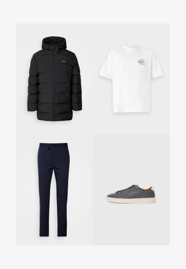 Černá péřová bunda se zipem vpředu, kapucí na šňůrku, prošívaným vzorem a logem značky na levé hrudi. Obsahuje boční kapsy.; Bílý bavlněný tričko s krátkým rukávem, kulatým výstřihem, s černým logem CK na levé části hrudníku, standardní střih, hladká textura.; Námořnické modré, lehké kalhoty s elastickým pasem a šňůrkou. Rovné nohavice, hladká textura, bez kapes nebo vzorů.; Šedé kožené tenisky s kulatou špičkou, gumovou podrážkou, plochými tkaničkami a světlými akcenty na patě. Hladký povrch a minimalistický design.