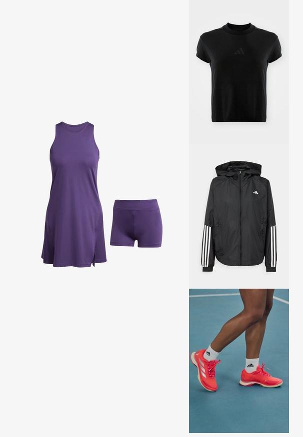 Black lightweight jacket with a hood, featuring a full zip front, elastic cuffs, and white three-stripe accents on sleeves.; Purple athletic dress with a sleeveless design and side slits, paired with matching purple shorts. Made from a smooth, stretchy fabric.; Black short-sleeve t-shirt made of smooth fabric. Features a round neckline and an embossed Adidas logo on the front.; Bright pink athletic shoes with white accents and laces, featuring a smooth texture and a rubber sole, worn with white Adidas socks.