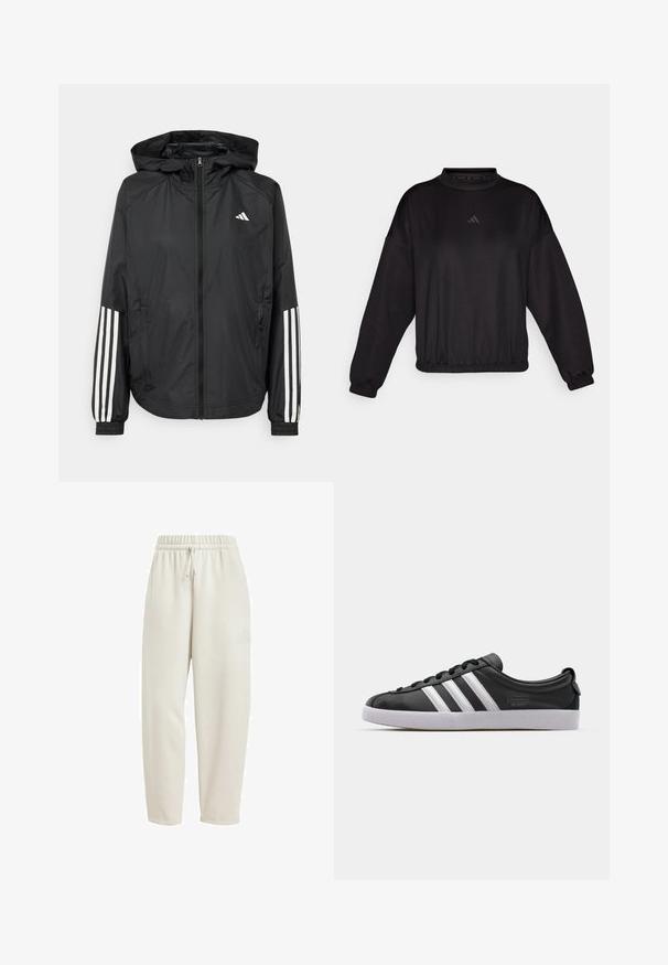Casaco leve preto com capuz, apresentando um fecho de correr na frente, punhos elásticos e detalhes em branco com três riscas nas mangas.; Sweatshirt preto de mangas longas com um decote alto, possui punhos e bainha elásticos, feito de um tecido suave, adornado com um logótipo discreto no peito.; Calças de fato de treino em bege claro, feitas de tecido suave, com uma cintura elástica e cordão ajustável, além de um discreto detalhe de logótipo na lateral.; Sapatilha de couro preta com um design de três riscas brancas, bico arredondado, sola plana de borracha branca e detalhe da marca na lateral.