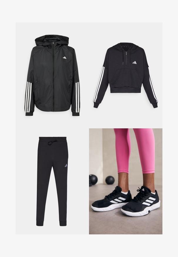 Črna lahka jakna s kapuco, z polnim zadrgo spredaj, elastikami na zapestjih in belimi tridelnimi poudarki na rokavih.; Črna skrajšana trenerka iz mehkega materiala, z sprednjim žepom, zadrgo in belimi črtami ob rokavih ter logotipom na prsih.; Črne atletske hlače iz mehke tkanine, z vrvico v pasu, ožjimi nogami in majhnim belim logotipom Adidas na levem stegnu.; Črne športne čevlje z belimi črtami, teksturirano mrežasto zgornjišče in belo podplat. Obuti z roza legginsom, ki prikazujejo športno obleko.