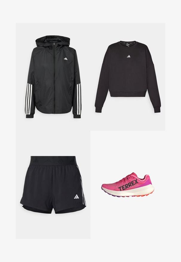 Fekete, könnyű dzseki kapucnival, teljes cipzárral, elasztikus mandzsettákkal és fehér, háromcsíkkal díszített ujjakon.; Fekete pulóver hosszú ujjú, kerek nyakkivágással és cropped fazonnal. Kicsi fehér Adidas logóval a mellkasán. Puha anyagú.; Fekete sportnadrág rugalmas derékrésszel, texturált szalagon, oldalsó csíkokkal és fehér Adidas logóval az alsó szélén.; Rózsaszín sportcipő "TERREX" felirattal, könnyű hálós felsőrész, párnázott fehér középtalppal és színes gumitalppal, amely biztosítja a tapadást.