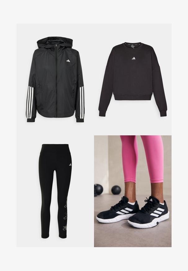 Czarna, lekka kurtka z kapturem, z pełnym zapięciem na zamek, elastycznymi mankietami i białymi, trzema paskami na rękawach.; Czarny sweatshirt z długimi rękawami, okrągłym dekoltem i skróconym dołem. Posiada małe białe logo Adidas na piersi. Wykonany z miękkiego materiału.; Czarne legginsy wykonane z elastycznego materiału, z wysokim stanem i odblaskowym logo na biodrze, z geometrycznym akcentem na nodze.; Czarne sportowe buty z białymi paskami, teksturowana siateczkowa cholewka i biała podeszwa. Nosi je osoba w różowych legginsach, prezentując odzież treningową.