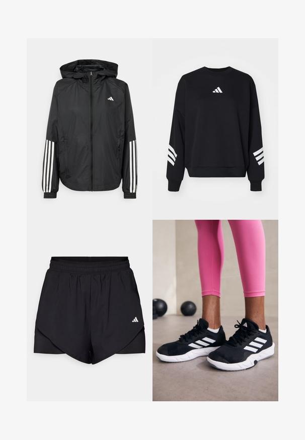 Schwarze, leichte Jacke mit Kapuze, die einen durchgehenden Reißverschluss, elastische Bündchen und weiße dreistreifige Akzente an den Ärmeln aufweist.; Schwarzer Pullover aus Baumwolle mit Rundhalsausschnitt. Verfügt über ein weißes Logo auf der Brust und drei vertikale weiße Streifen an jedem Ärmel.; Schwarze Sportshorts mit gestuftem Design, aus leichtem Material gefertigt. Verfügt über einen elastischen Bund und ein kleines weißes Logo an der Seite.; Schwarze Sportschuhe mit weißen Streifen, strukturiertem Mesh-Obermaterial und einer weißen Sohle. Kombiniert mit pinken Leggings, die Trainingsbekleidung zur Schau stellen.