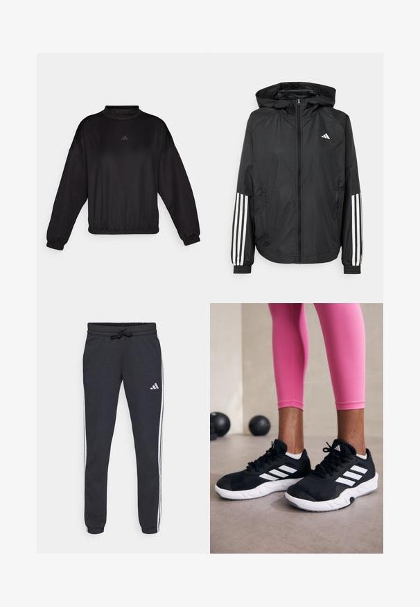 Črna lahka jakna s kapuco, z polnim zadrgo spredaj, elastikami na zapestjih in belimi tridelnimi poudarki na rokavih.; Črna dolga majica s dolgimi rokavi in visokim ovratnikom, z elastičnimi manšetami in robom, izdelana iz gladkega blaga, okrašena z diskretnim logotipom na prsih.; Mornarske trenirke iz mehkega materiala, z belimi stranskimi črtami, nastavljivim pasom s vrvico in majhnim logotipom na levi stegna.; Črne športne čevlje z belimi črtami, teksturirano mrežasto zgornjišče in belo podplat. Obuti z roza legginsom, ki prikazujejo športno obleko.