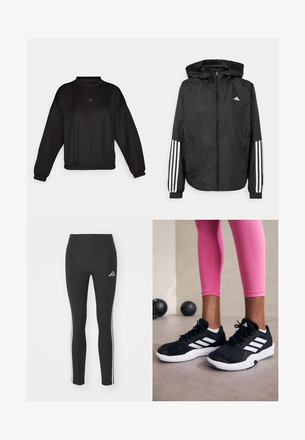 Schwarze, leichte Jacke mit Kapuze, die einen durchgehenden Reißverschluss, elastische Bündchen und weiße dreistreifige Akzente an den Ärmeln aufweist.; Schwarzes Langarm-Sweatshirt mit hohem Kragen, verfügt über elastische Bündchen und Saum, aus glattem Stoff gefertigt, verziert mit einem dezenten Logo auf der Brust.; Schwarze Leggings aus dehnbarem Material mit weißen Seitenstreifen und einem kleinen reflektierenden Logo auf der oberen linken Seite.; Schwarze Sportschuhe mit weißen Streifen, strukturiertem Mesh-Obermaterial und einer weißen Sohle. Kombiniert mit pinken Leggings, die Trainingsbekleidung zur Schau stellen.