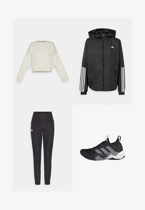 Svart lett jakke med hette, med full glidelås foran, elastiske mansjetter og hvite tre-stripes detaljer på ermene.; Kuttet lys beige sweatshirt med lange ermer, ribbestrikkede mansjetter og rund hals. Har en liten hvit logo på brystet.; Sorte høy midje leggings laget av elastisk stoff. Har en hvit logo på venstre side og et elegant, sømløst design. Glatt tekstur.; Svart idrettssko med et pustende mesh-overdel, grå aksenter, teksturert såle og tre distinkte striper på siden.