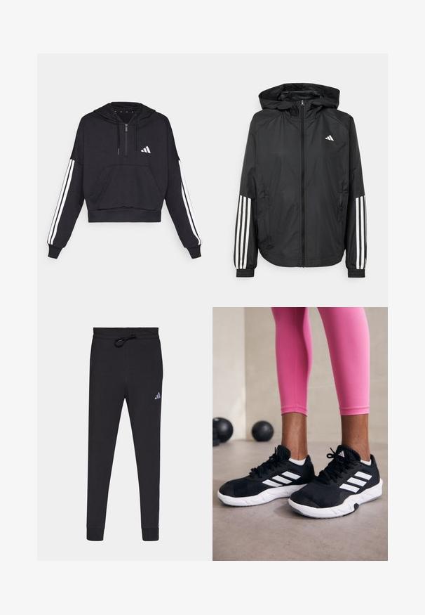 Casaco leve preto com capuz, apresentando um fecho de correr na frente, punhos elásticos e detalhes em branco com três riscas nas mangas.; Hoodie preto cropped feito de tecido macio, com um bolso frontal, fecho de zíper e riscas brancas ao longo das mangas e um logótipo no peito.; Calças atléticas pretas feitas de tecido macio, com uma cintura ajustável por cordão, pernas afuniladas e um pequeno logótipo branco da Adidas na coxa esquerda.; Sapatos de treino pretos com riscas brancas, parte superior em malha texturizada e sola branca. Usados com leggings cor-de-rosa, destacando roupa de treino.