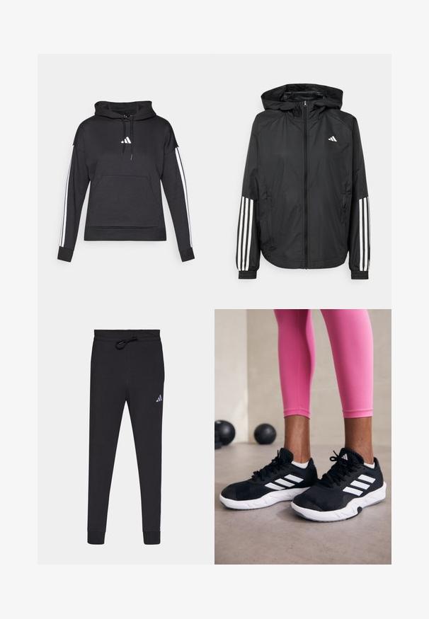 Casaco leve preto com capuz, apresentando um fecho de correr na frente, punhos elásticos e detalhes em branco com três riscas nas mangas.; Sweatshirt preto com capuz e bolso frontal, detalhes em branco com três riscas nas mangas e um pequeno logótipo branco no peito. Textura de tecido suave.; Calças atléticas pretas feitas de tecido macio, com uma cintura ajustável por cordão, pernas afuniladas e um pequeno logótipo branco da Adidas na coxa esquerda.; Sapatos de treino pretos com riscas brancas, parte superior em malha texturizada e sola branca. Usados com leggings cor-de-rosa, destacando roupa de treino.