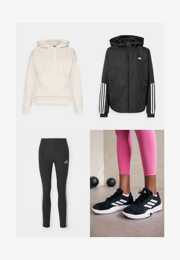 Casaco leve preto com capuz, apresentando um fecho de correr na frente, punhos elásticos e detalhes em branco com três riscas nas mangas.; Hoodie bege claro feito de um tecido macio, com um bolso canguru na frente, capuz com cordão e um pequeno logótipo branco no peito.; Leggings pretos feitos de material elástico com riscas brancas laterais e um pequeno logo refletor no canto superior esquerdo.; Sapatos de treino pretos com riscas brancas, parte superior em malha texturizada e sola branca. Usados com leggings cor-de-rosa, destacando roupa de treino.