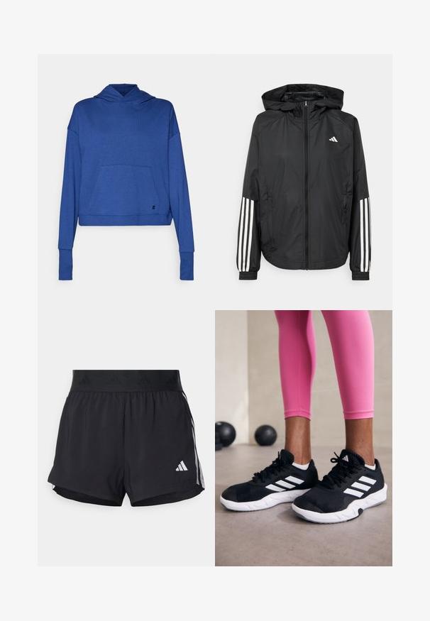 Čierna ľahká bunda s kapucňou, s celoprsným zipsom, elastickými manžetami a bielymi trojprúžkovými akcentmi na rukávoch.; Sweaty Betty AFTER CLASS HOODY - Mikina s kapucňou - flux blue; Čierne športové šortky s elastickým pásom, ktorý má textúrovanú pruh, bočné pruhy a biely logo Adidas na dolnom leme.; Čierne atletické topánky s bielymi pruhmi, textúrovaný sieťovaný zvršok a biela podrážka. Nosené s ružovými legínami, ukazujúce tréningové oblečenie.