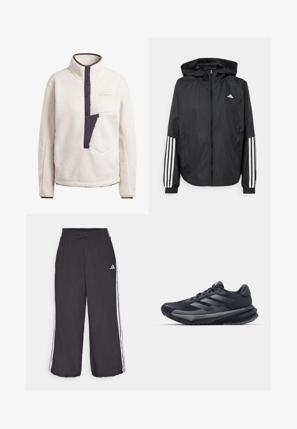 Giacca leggera nera con cappuccio, caratterizzata da una zip frontale completa, polsini elastici e accenti bianchi a tre strisce sulle maniche.; Pullover in morbido pile bianco con colletto alto, chiusura a bottoni e tasca a mezza zip di colore viola scuro. Presenta un tessuto testurizzato e un logo ricamato.; Pantaloni sportivi neri con cintura elasticizzata, dotati di strisce laterali bianche e un logo discreto sulla parte superiore della gamba sinistra. Materiale leggero.; Scarpa da ginnastica nera con parte superiore in rete testurizzata, dettagli riflettenti, suola ammortizzata e design affusolato. Presenta il logo a tre strisce.