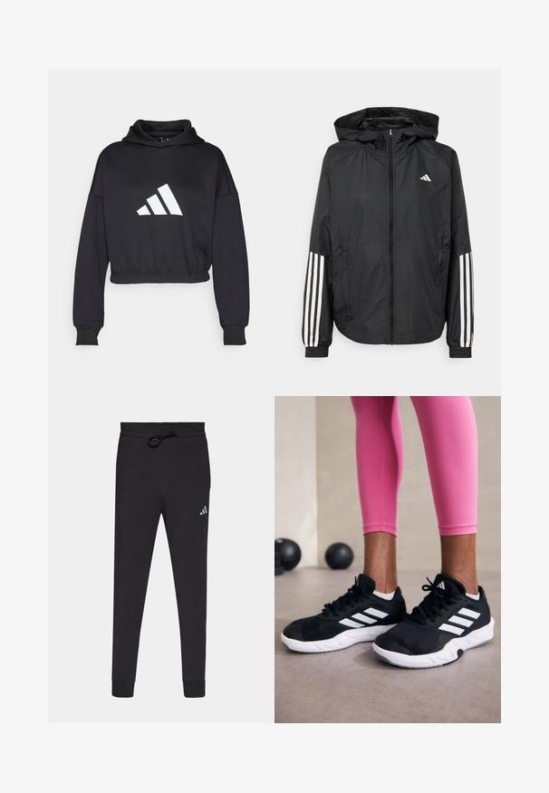 Črna lahka jakna s kapuco, z polnim zadrgo spredaj, elastikami na zapestjih in belimi tridelnimi poudarki na rokavih.; Črna skrajšana kapuca z dolgimi rokavi, izdelana iz mehkega materiala. Ima izrazit bel Adidas logotip spredaj in rebraste manšete.; Črne atletske hlače iz mehke tkanine, z vrvico v pasu, ožjimi nogami in majhnim belim logotipom Adidas na levem stegnu.; Črne športne čevlje z belimi črtami, teksturirano mrežasto zgornjišče in belo podplat. Obuti z roza legginsom, ki prikazujejo športno obleko.
