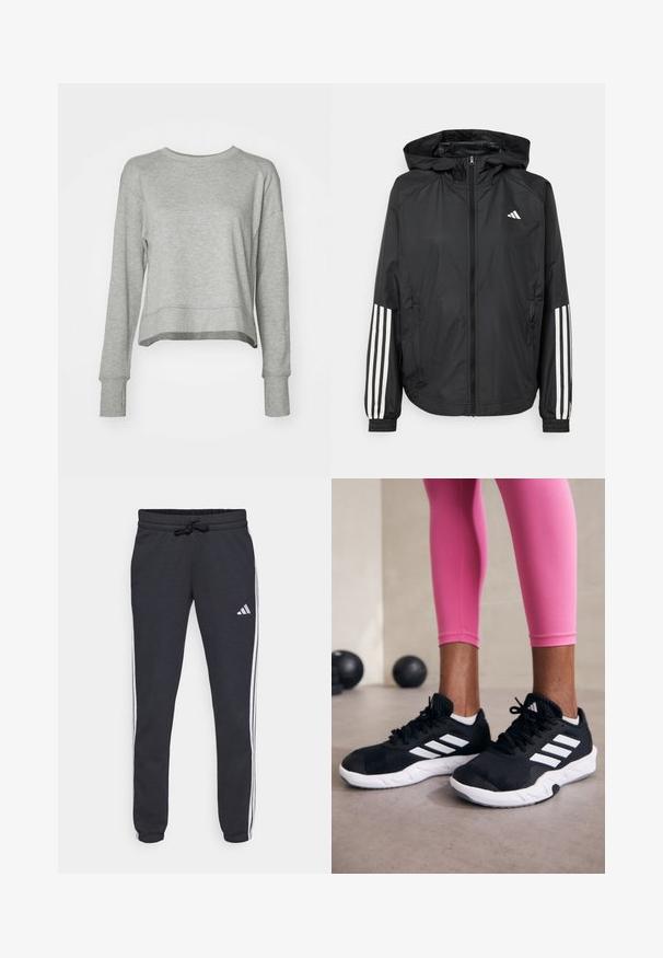 Fekete, könnyű dzseki kapucnival, teljes cipzárral, elasztikus mandzsettákkal és fehér, háromcsíkkal díszített ujjakon.; Szürke, rövidített fazonú pulóver, hosszú ujjakkal, puha anyagból készült. Egyszerű dizájn jellemzi, kerek nyakkivágással és bordás mandzsettákkal.; Tengerészkék tréningnadrág puha anyagból, which fehér oldalcsíkokkal, állítható derékpánttal és egy húzózsinórral, valamint egy kis logóval a bal combon.; Fekete sportcipők fehér csíkokkal, texturált hálós felsőrésszel és fehér talppal. Rózsaszín leggings-szel viselve, bemutatva az edzőruhákat.
