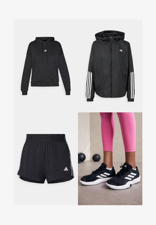 Black lightweight jacket with a hood, featuring a full zip front, elastic cuffs, and white three-stripe accents on sleeves.; Black hooded sweatshirt with a front pocket, featuring a small white Adidas logo. Made of soft fabric, with ribbed cuffs and hem.; Black athletic shorts with an elastic waistband, featuring a textured band, side stripes, and a white Adidas logo on the lower hem.; Black athletic shoes with white stripes, textured mesh upper, and a white sole. Worn with pink leggings, showcasing training apparel.