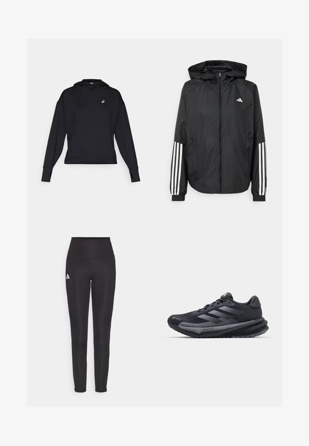 Black lightweight jacket with a hood, featuring a full zip front, elastic cuffs, and white three-stripe accents on sleeves.; Black sweatshirt with a hood, long sleeves, and thumb holes. Features a small logo on the chest and a clean, minimal design.; Black high-waisted leggings made of stretchy fabric. Features a white logo on the left side and sleek, seamless design. Smooth texture.; Black athletic shoe with a textured mesh upper, reflective accents, cushioned sole, and a streamlined design. Features three stripe logo.