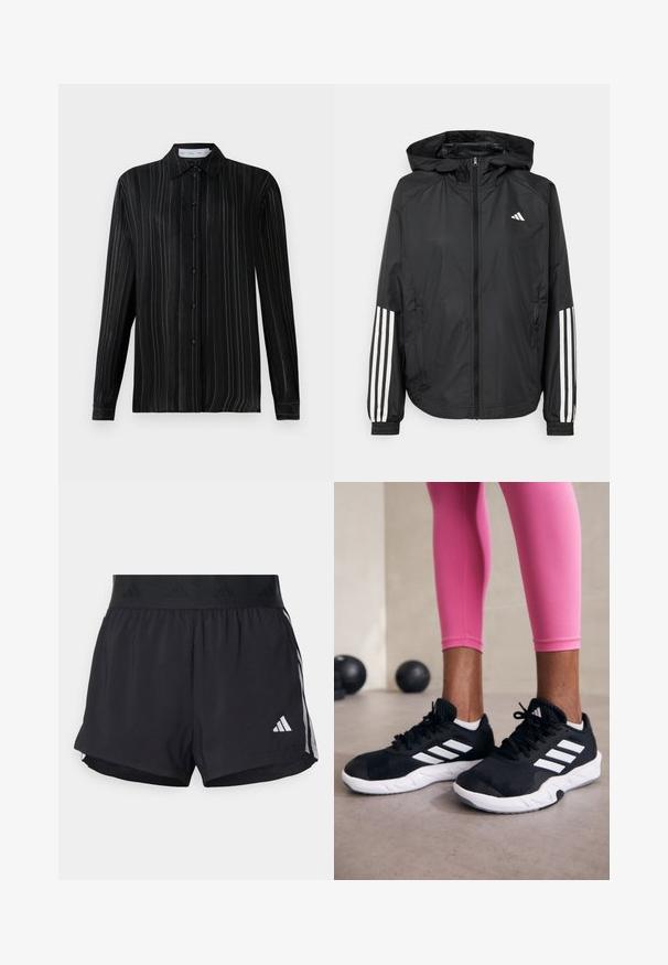 Czarna, lekka kurtka z kapturem, z pełnym zapięciem na zamek, elastycznymi mankietami i białymi, trzema paskami na rękawach.; Czarna, długosamowa koszula z guzikami, pokryta delikatnymi białymi pionowymi prążkami i klasycznym kołnierzykiem, prezentowana na jednolitym białym tle.; Czarne sportowe szorty z elastycznym paskiem w talii, z teksturowanym pasem, bocznymi paskami oraz białym logo Adidas na dolnym brzegu.; Czarne sportowe buty z białymi paskami, teksturowana siateczkowa cholewka i biała podeszwa. Nosi je osoba w różowych legginsach, prezentując odzież treningową.
