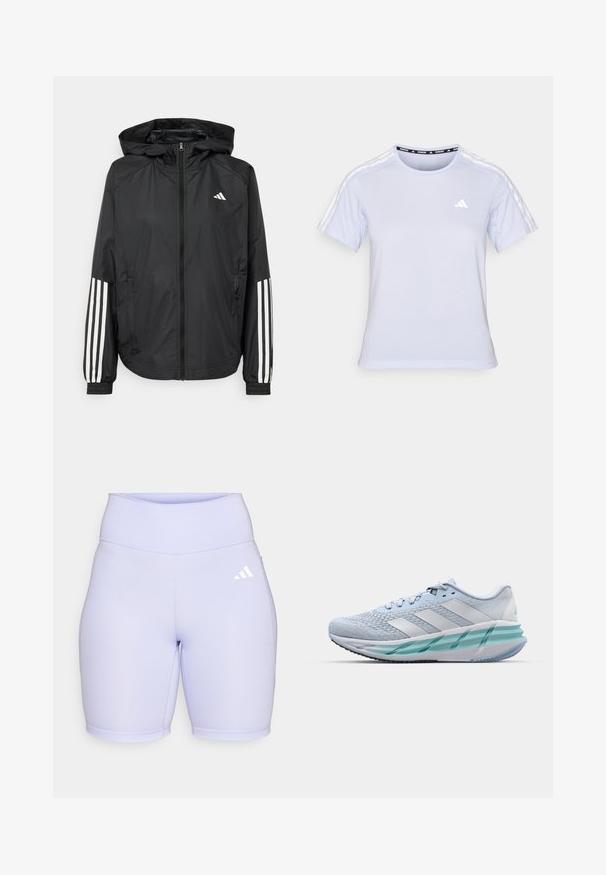 Černá lehká bunda s kapucí, která má plný zip vpředu, elastické manžety a bílé třípruhové akcenty na rukávech.; Světle modré sportovní tričko s krátkým rukávem, s kulatým výstřihem, síťovinovou texturou a třemi bílými pruhy na ramenech s malým logem.; Levandulové cyklistické šortky vyrobené z hladkého, pružného materiálu. Vysoký pas s plochými švy a bílým logem Adidas na levé straně.; Světlomodré sportovní boty s texturovaným pleteným svrškem, bílými akcenty a průhledným zeleným mezipodešví. Oválná špička a polstrovaný límec.