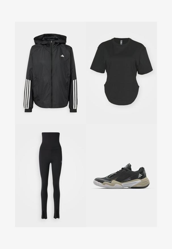Fekete, könnyű dzseki kapucnival, teljes cipzárral, elasztikus mandzsettákkal és fehér, háromcsíkkal díszített ujjakon.; Fekete, rövid ujjú póló, pamutból készült. Kerek nyakkivágás, ívelt alj és oldalsó hasítékok jellemzik. Simás textúra, laza szabás.; adidas by Stella McCartney Leggingek - black; Fekete és bézs sportcipő texturált felsőrésszel, hangsúlyos talpdesignnal, fényvisszaverő kiegészítőkkel és fűzőrendszerrel. Könnyű kivitel.