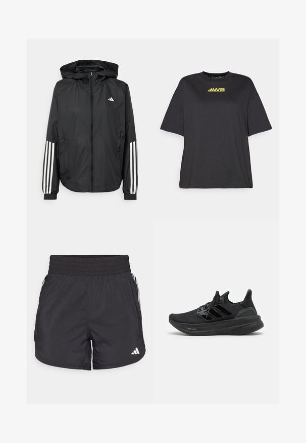 Juodas lengvas džemperis su gobtuvu, turi pilną užtrauktuką priekyje, elastingas rankovių gumytes ir baltus tris juostų akcentus ant rankovių.; Juodas trumpas rankovėmis marškinėliai, pagaminti iš švelnios medvilnės, su laisvu siluetu, apvaliu iškirpimu ir geltonu logotipu ant krūtinės.; Juodos sportinės šortai su elastingu juosmeniu, šoninėmis kišenėmis ir baltais juostelėmis šonuose. Pagaminti iš lengvos medžiagos.; Juodi sportiniai batai su kvėpuojančia mezgimo viršutine dalimi, tekstūruotu dizainu, paženklintomis trimis juostelėmis ir storu, paminkštintu padu, pažymėtu "LIGHT BOOST".