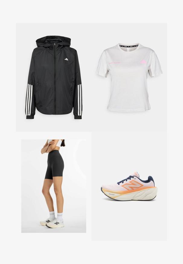 Zwarte lichtgewicht jas met een capuchon, met een volledige ritssluiting aan de voorkant, elastische manchetten en witte accenten met drie strepen op de mouwen.; Lichtgrijze T-shirt met korte mouwen, met een ronde hals, "ADIDAS RUNNING" in het roze gedrukt, met het roze Adidas-logo op de borst. Zachte stofstructuur.; Vrouw in zwarte hoge fietsbroek, witte sportbeha, witte sokken en witte sneakers die met gekruiste armen op een witte achtergrond staat.; Hardloopschoen met een ademend lichtroze bovenwerk, oranje accenten, marineblauwe veters en een gewatteerde witte zool met gestructureerde patronen.