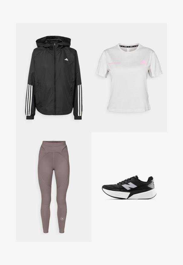 Črna lahka jakna s kapuco, z polnim zadrgo spredaj, elastikami na zapestjih in belimi tridelnimi poudarki na rokavih.; Svijetlosivi kratki rukav T-shirt sa okruglim izrezom, na kojem je u ružičastoj boji ispisano "ADIDAS RUNNING", a na prsima se nalazi ružičasti Adidas logo. Mekani tekstil.; adidas by Stella McCartney Pajkice - charcoal; Črno-bela tekaška obutev New Balance z debelim podplatom, mrežnim zgornjim delom in logotipom "N" na strani, prikazana s zunanje strani.