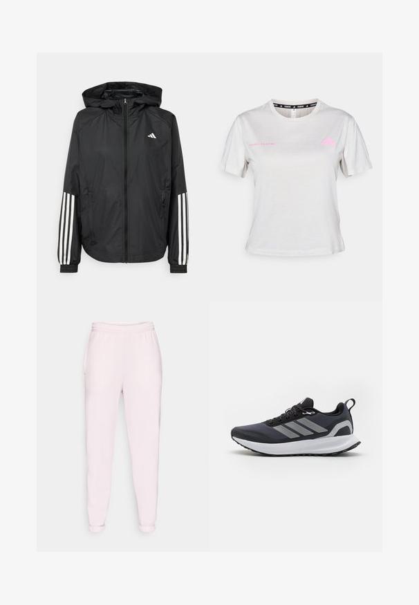 Črna lahka jakna s kapuco, z polnim zadrgo spredaj, elastikami na zapestjih in belimi tridelnimi poudarki na rokavih.; Svijetlosivi kratki rukav T-shirt sa okruglim izrezom, na kojem je u ružičastoj boji ispisano "ADIDAS RUNNING", a na prsima se nalazi ružičasti Adidas logo. Mekani tekstil.; Svetlo roza trenirke z vrvico za zategovanje v pasu, stranskimi žepi in elastičnimi manšetami. Narejene iz mehkega, raztegljivega materiala.; Črne atletske čevlje z mrežastim zgornjim delom, belim srednjim podplatom, teksturiranim gumijastim podplatom in tremi sivimi črtami na strani. Imajo vezalke in zanko za pomoč pri obuvanju.