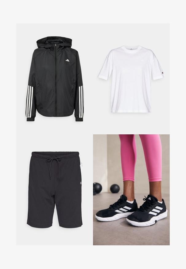 Schwarze, leichte Jacke mit Kapuze, die einen durchgehenden Reißverschluss, elastische Bündchen und weiße dreistreifige Akzente an den Ärmeln aufweist.; Weißes Baumwoll-T-Shirt mit Rundhalsausschnitt, kurzen Ärmeln und einem kleinen Logo auf der linken Brust. Verfügt über eine lockere Passform und eine einfarbige Gestaltung.; Champion ICONS DRAWSTRING SHORT PANTS - Shorts - black; Schwarze Sportschuhe mit weißen Streifen, strukturiertem Mesh-Obermaterial und einer weißen Sohle. Kombiniert mit pinken Leggings, die Trainingsbekleidung zur Schau stellen.