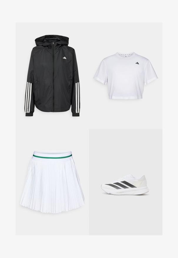 Mustikas kerge jope kapuutsiga, eesmise täispika zipiga, elastsete varrukate ja valgete kolme triibu aktsentidega varrukatel.; Valge lühikeste varrukatega krobitud t-särk, mis on valmistatud pehmest kangast ja millel on ümmargune kaelus. Vasakul rinnal must logo.; Valge plisseeritud seelik, millel on kindel roheline elastne vöökoht. Omab teravaid, ühtlaselt jaotunud voldikesi, luues kerge ja õhulise tekstuuri.; Valged sportlikud jalanõud mustade diagonaalsete triipudega, võrkkattega, ümarate varvastega ja tekstuurse tallaga. Aktsentideks on hõbedane kand ja minimalistlik disain.